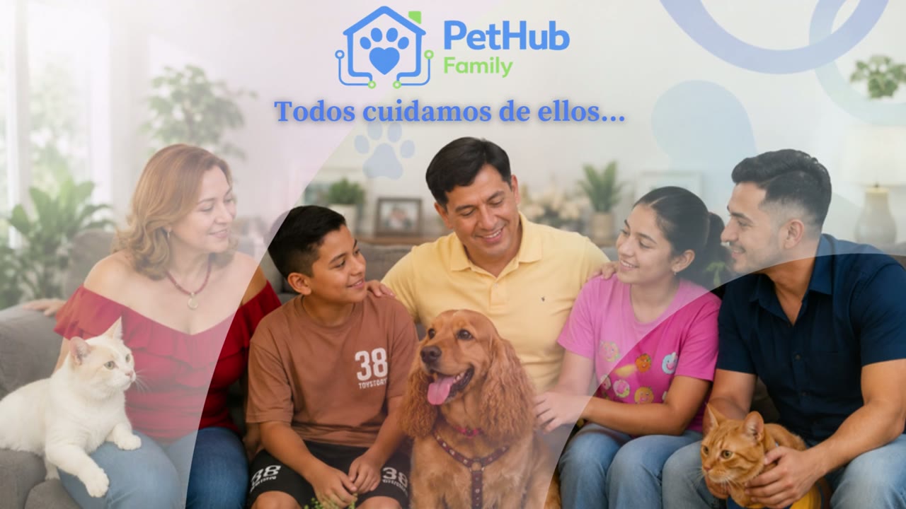 Familia con sus mascotas en casa, portada del video de PetHub Family